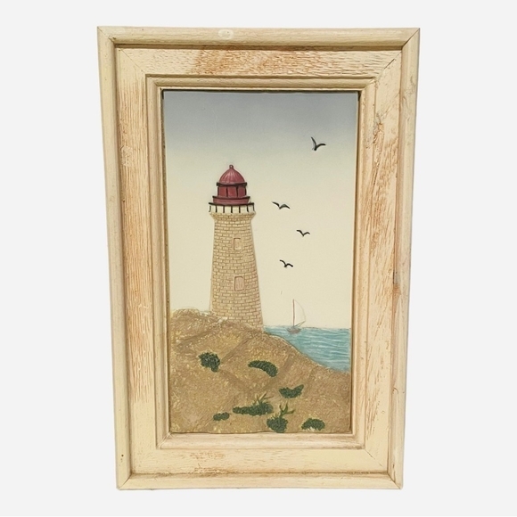 3D Lighthouse Frame Tan Wood Framed 3D Picture Nautical Themed Picture
